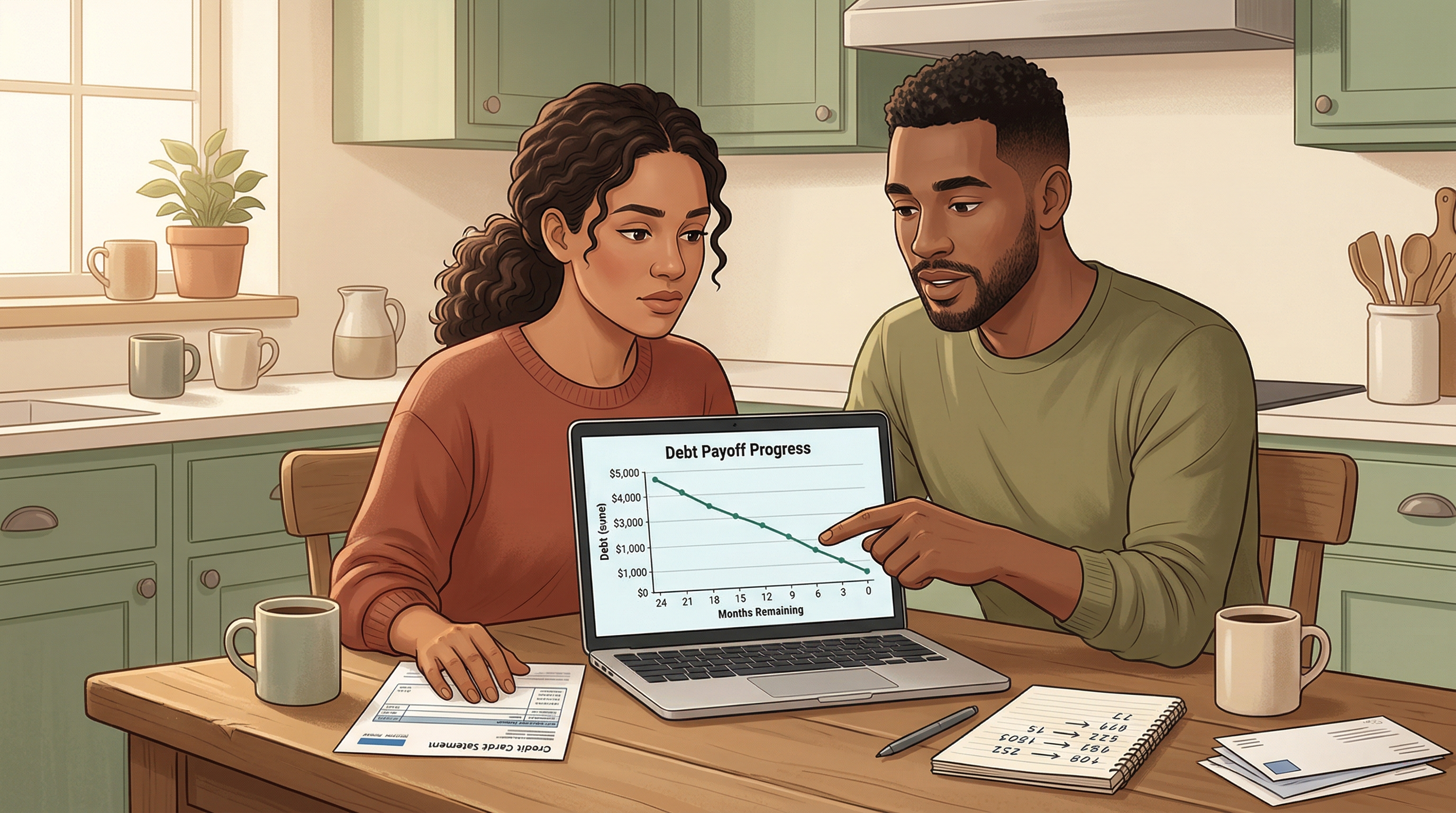 A couple reviewing credit card statements together at a kitchen table with a laptop and coffee, reflecting concern and focus.